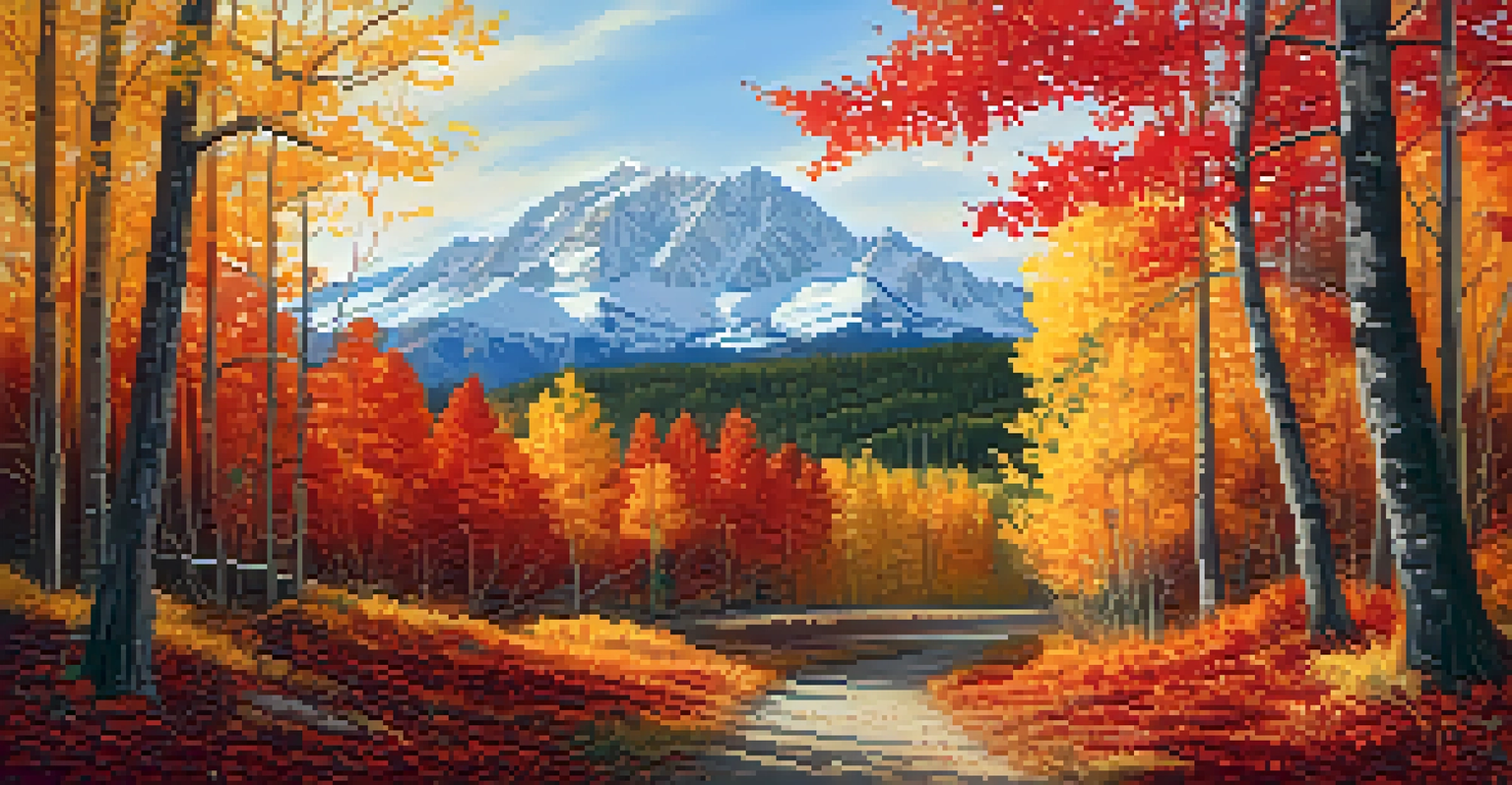 An autumn landscape with colorful trees and a mountain range in the background, featuring a path covered in colorful leaves.
