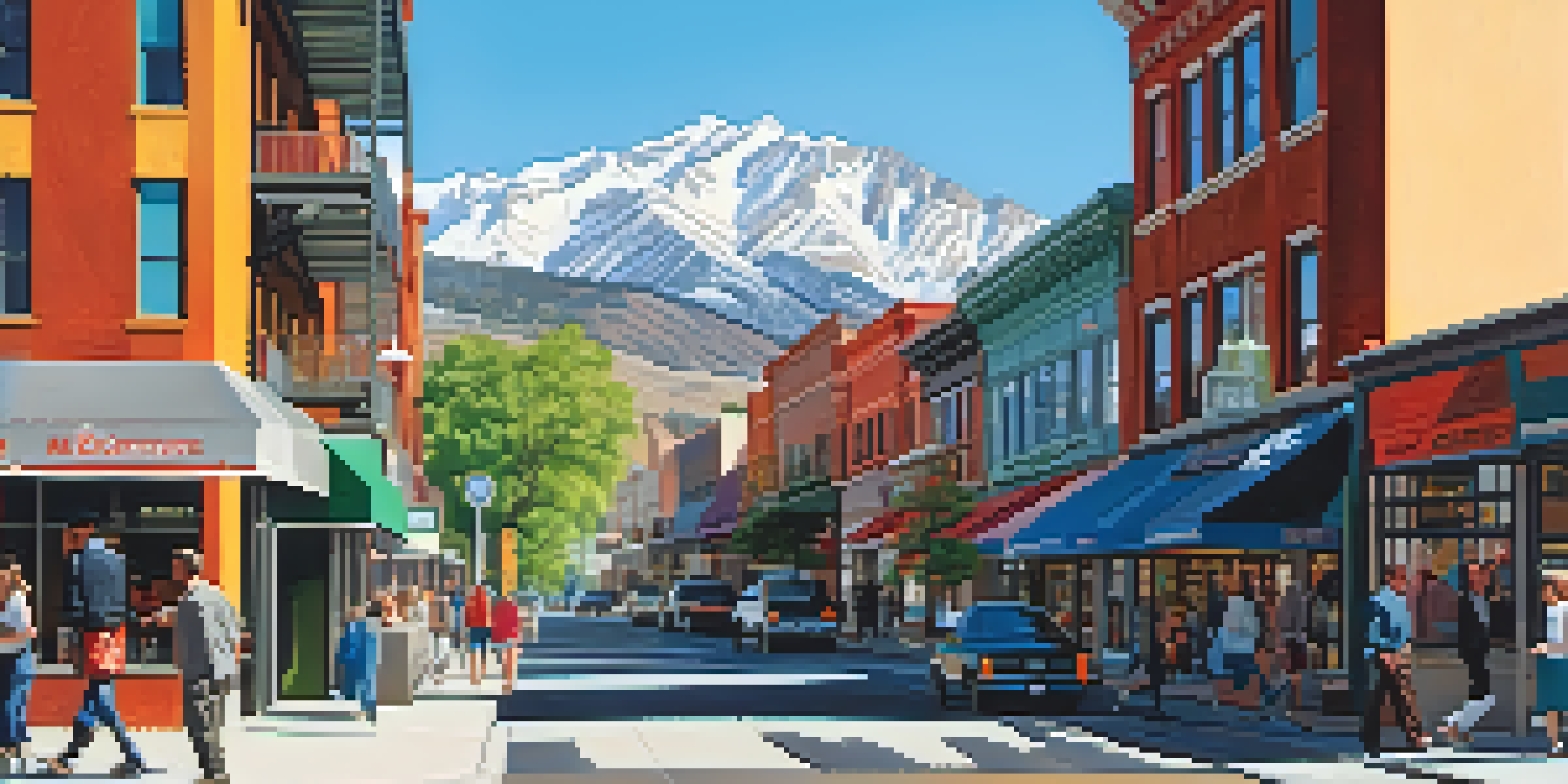 A lively street scene in Utah with modern buildings, people walking, and mountains in the background.