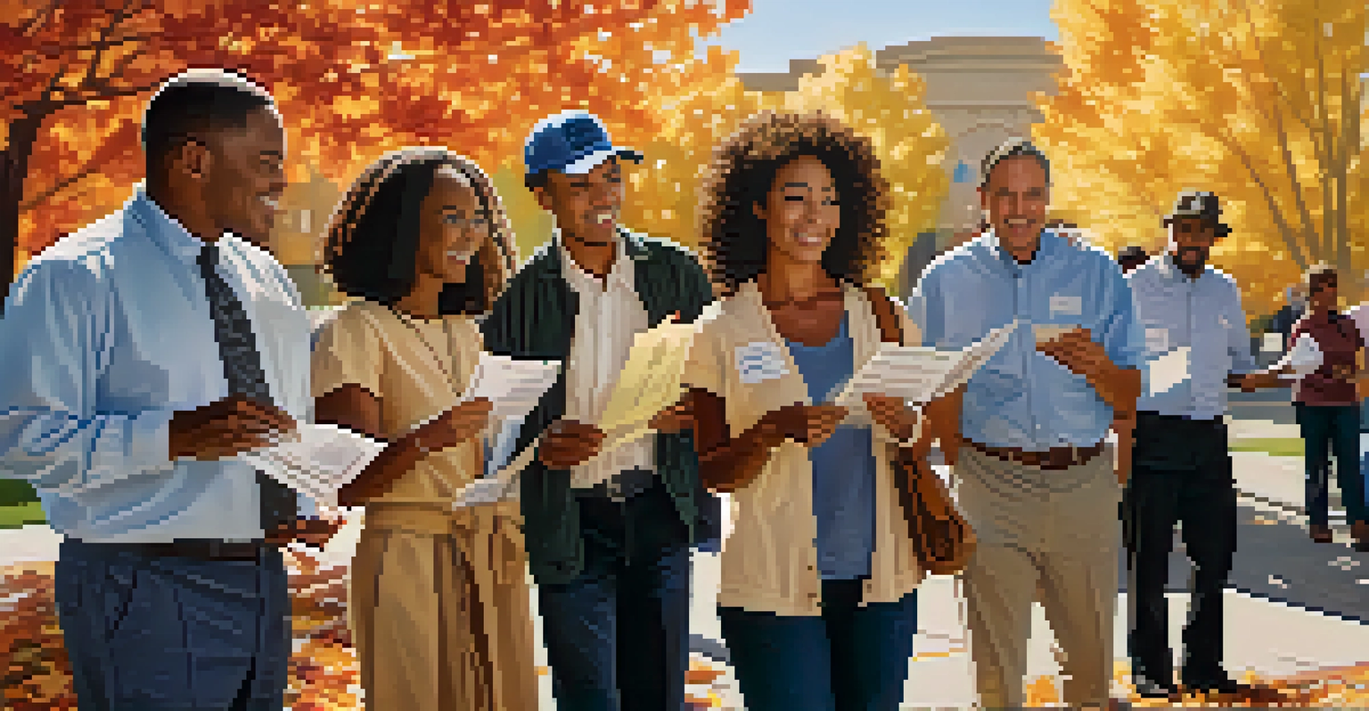 A diverse group of voters discussing outside a polling station amidst colorful fall leaves.
