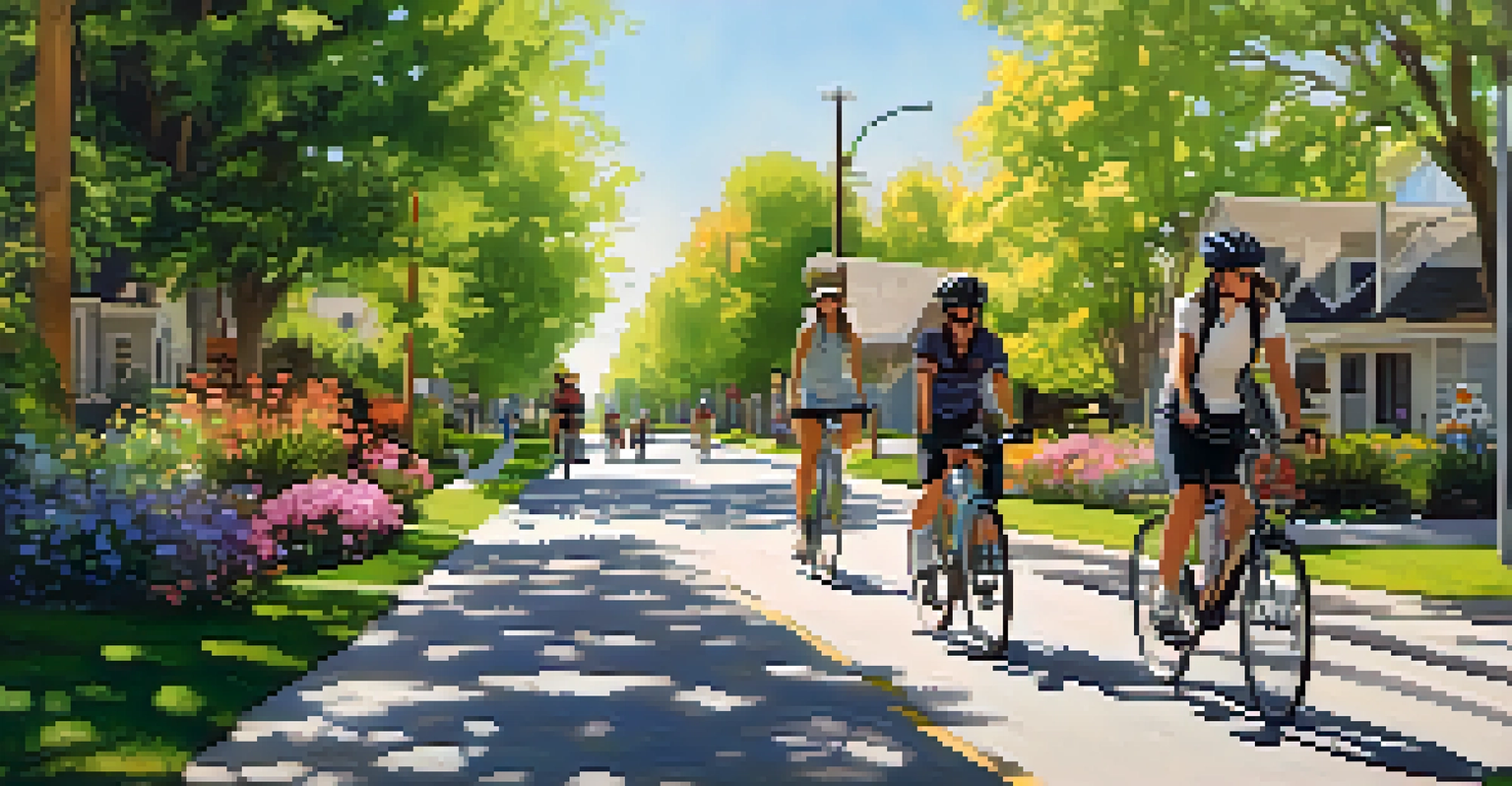 A picturesque bike lane in a Utah neighborhood with cyclists and pedestrians enjoying a sunny day.