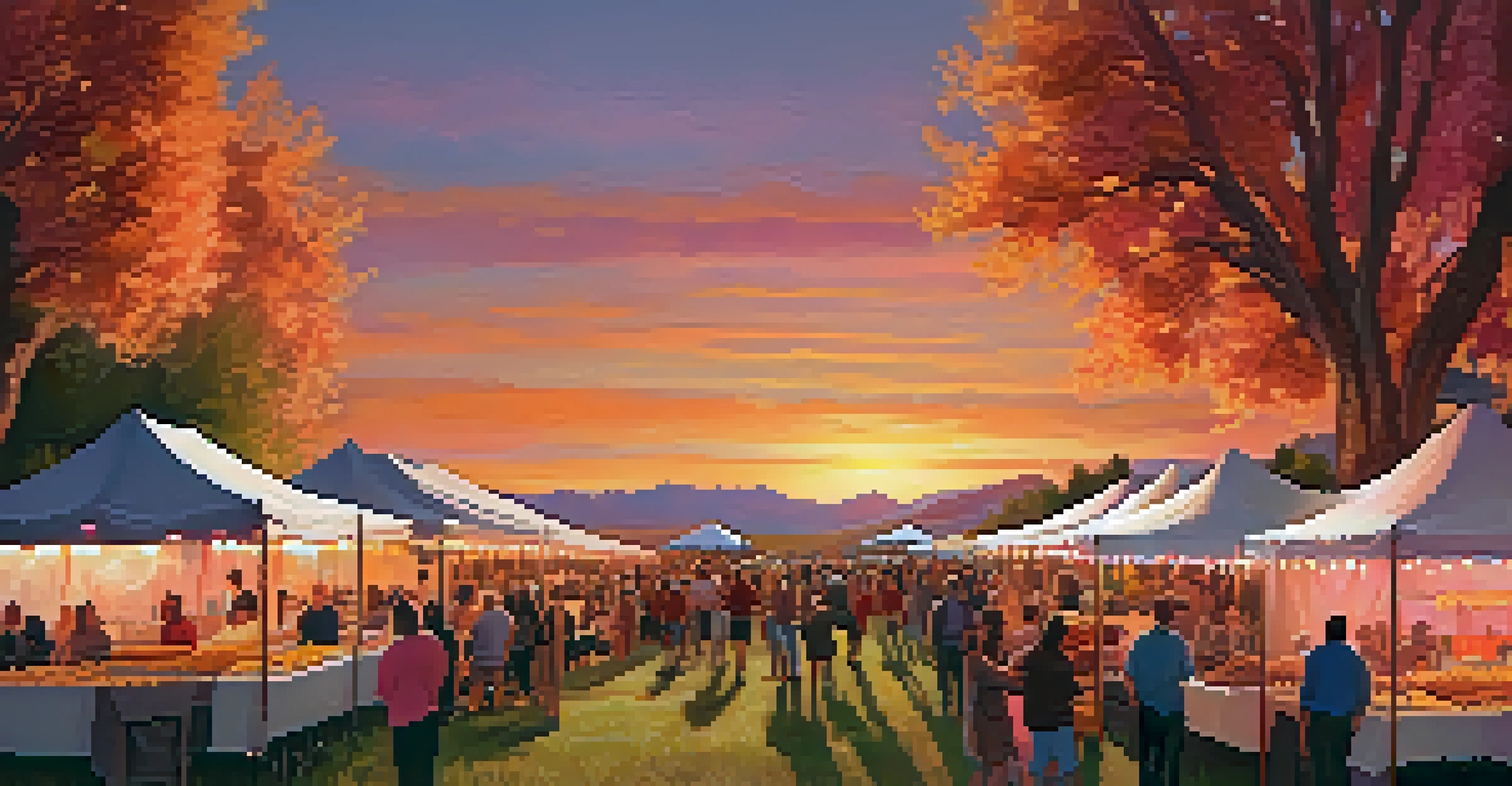 A beautiful sunset at an outdoor festival in Utah, with warm colors in the sky, people enjoying food, and twinkling lights strung between trees.