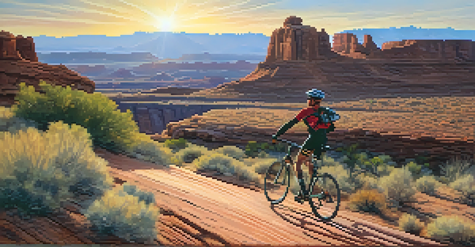 A cyclist riding on rocky terrain with red rock formations and a sunset in the background.