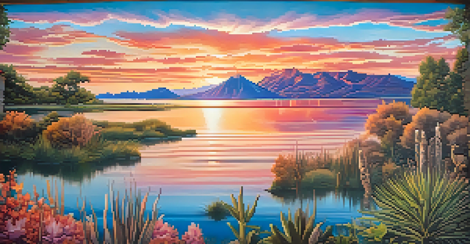 A colorful mural of the Great Salt Lake at sunset, featuring Native American designs and surrounded by nature.