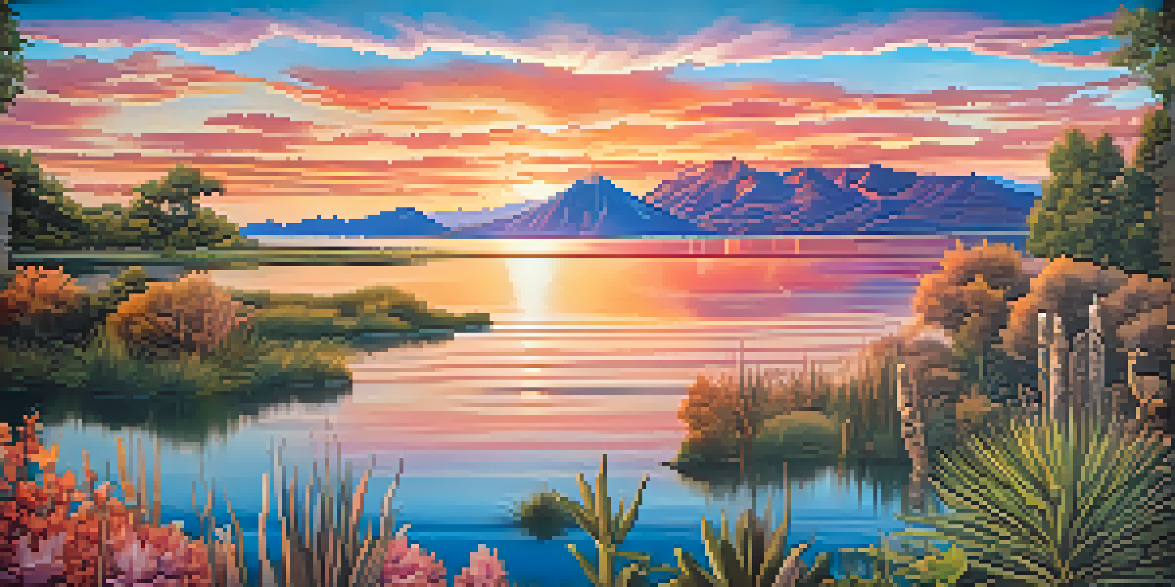 A colorful mural of the Great Salt Lake at sunset, featuring Native American designs and surrounded by nature.