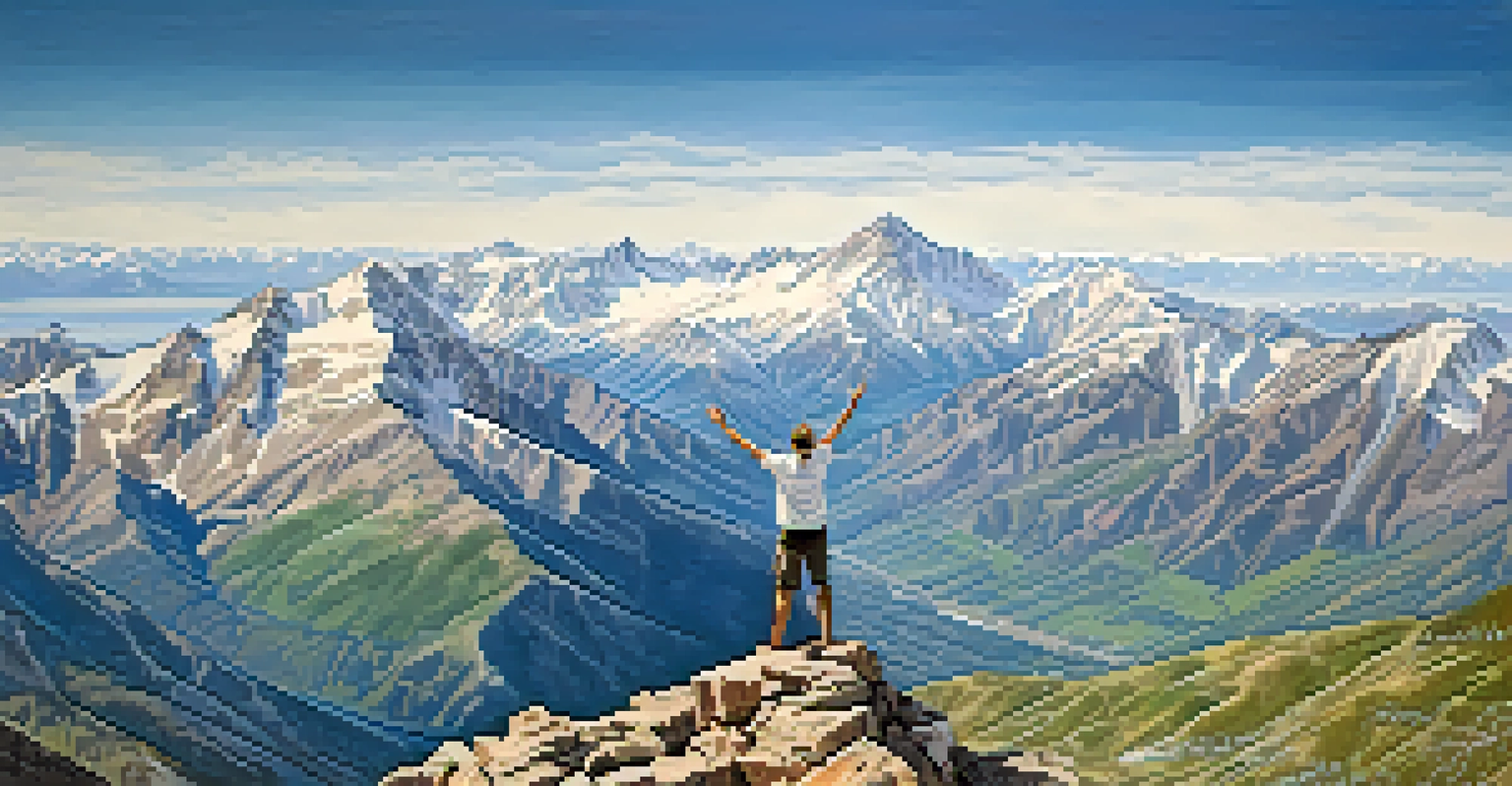 A lone hiker celebrating at the summit of Mount Timpanogos, with a clear blue sky and panoramic views of the Wasatch Range in the background.
