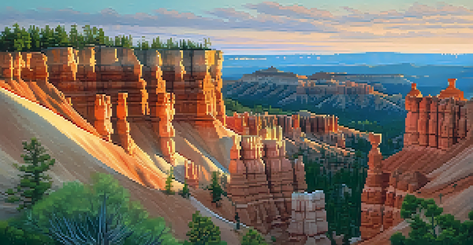 A golden hour view of hoodoos in Bryce Canyon National Park, with colorful flowers in the foreground and a soft gradient sky.
