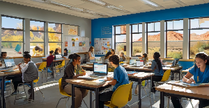 A lively classroom at a community college in Utah with diverse students participating in hands-on learning, sunlight streaming through windows.