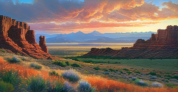A scenic sunset over Utah, with mountains, wildflowers in the foreground, and colorful skies.