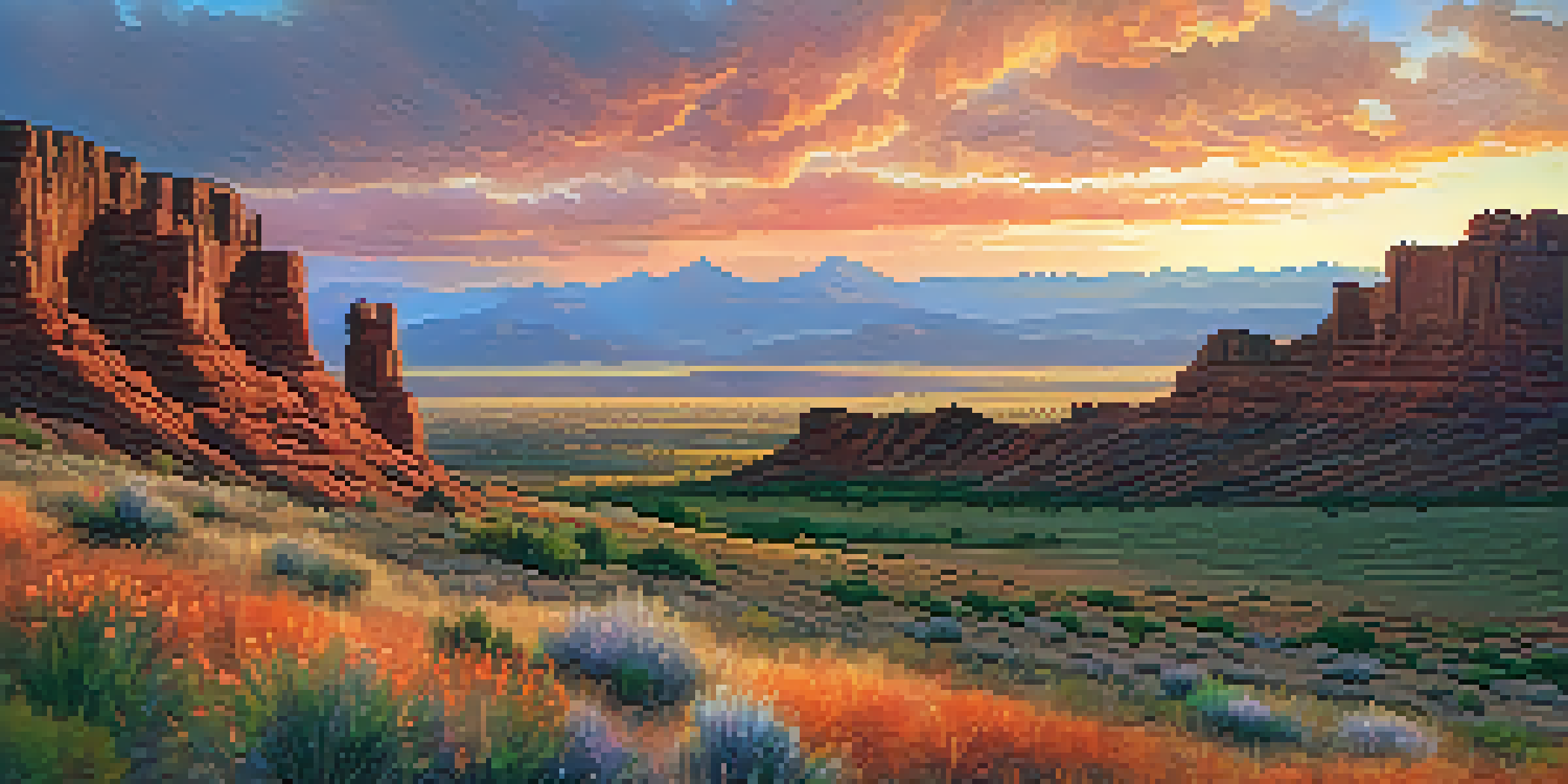 A scenic sunset over Utah, with mountains, wildflowers in the foreground, and colorful skies.
