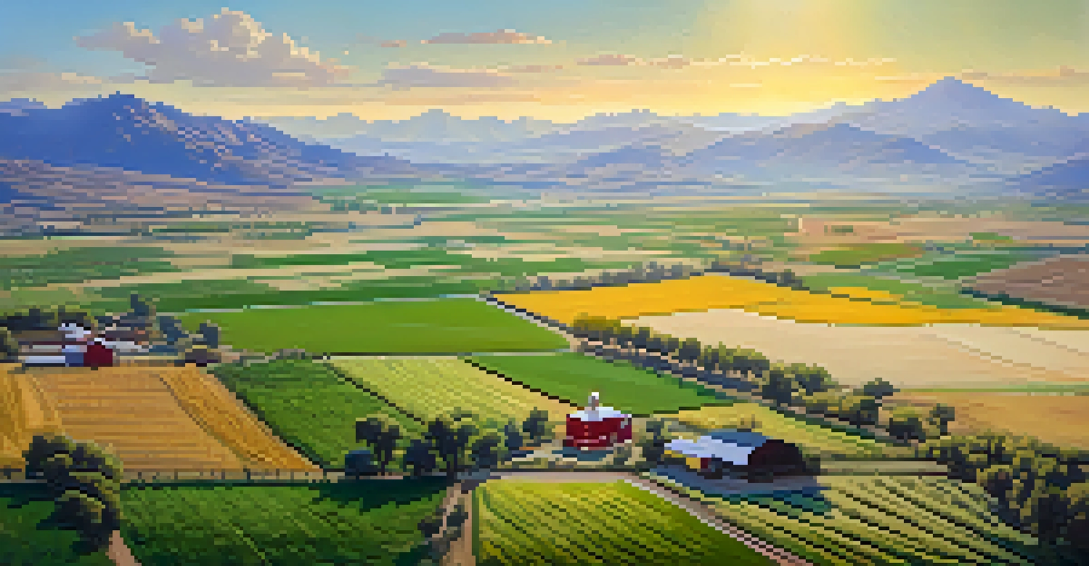 Aerial view of agricultural fields in Utah, with farmers, a farmhouse, and orchards under golden sunlight.