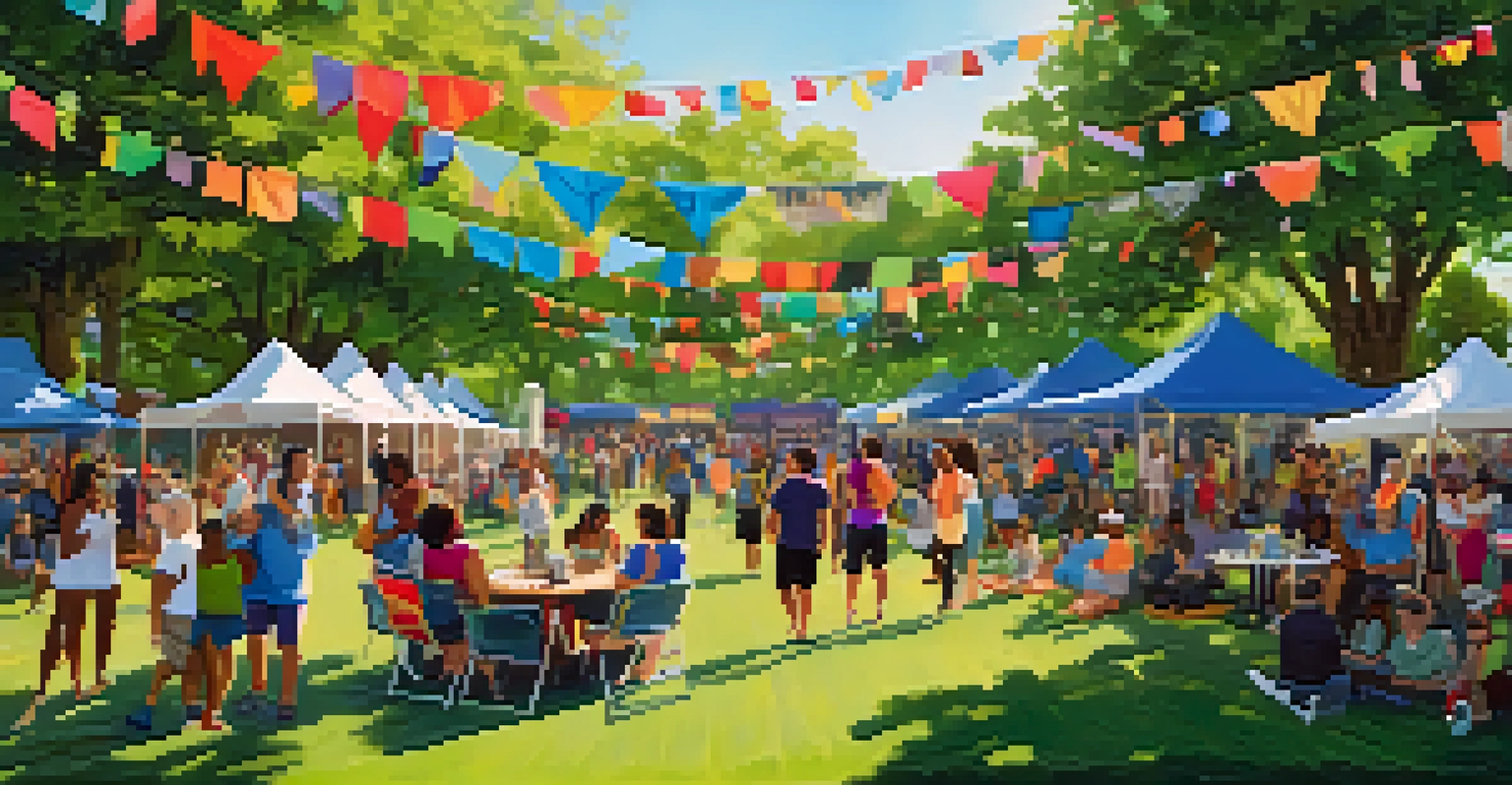 A diverse group of people enjoying an art festival in a park, with vibrant banners and various art forms like painting and dance on display.