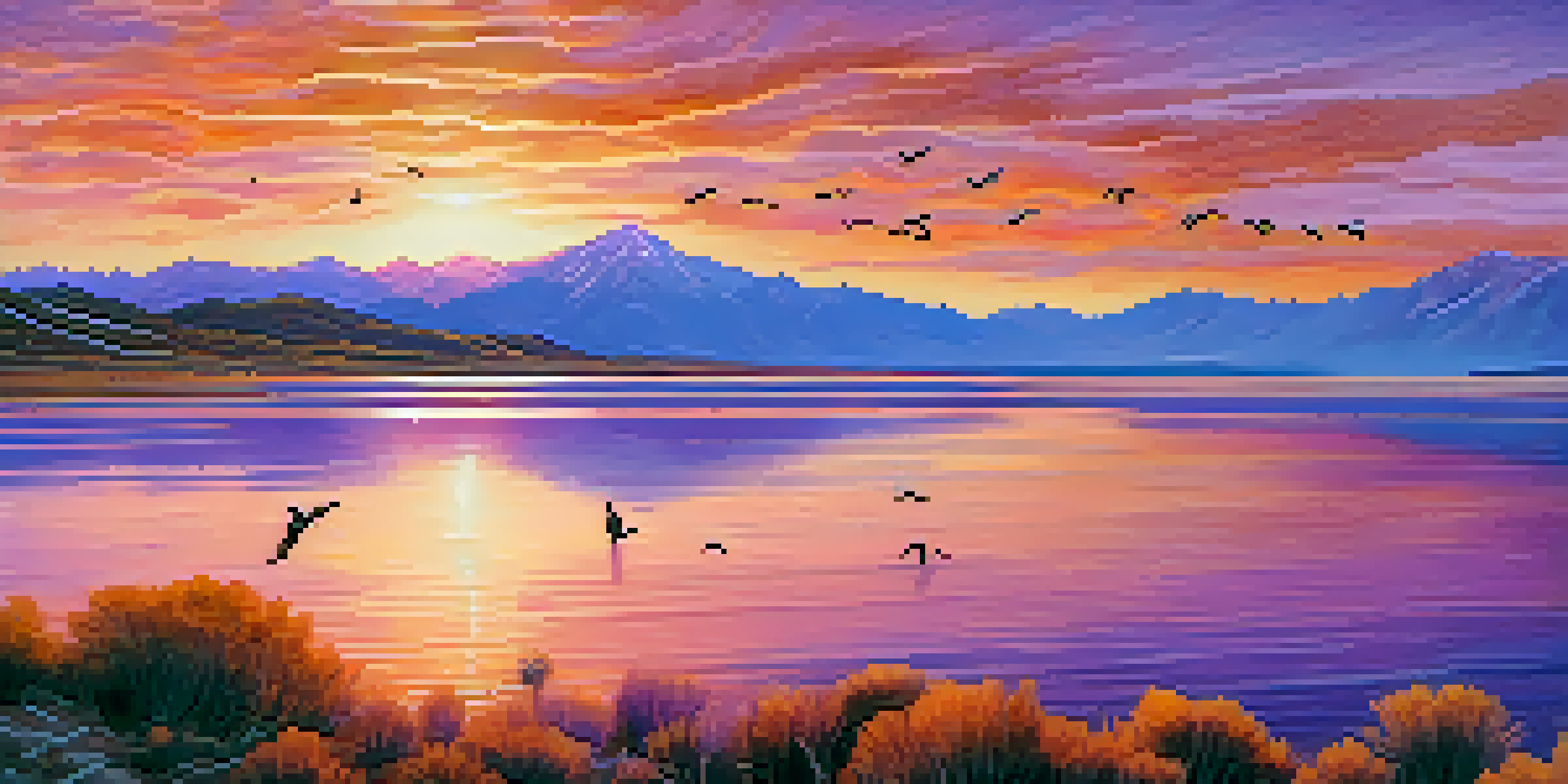 A colorful sunset over the Great Salt Lake, with migratory birds flying and the Wasatch Mountains in the background.
