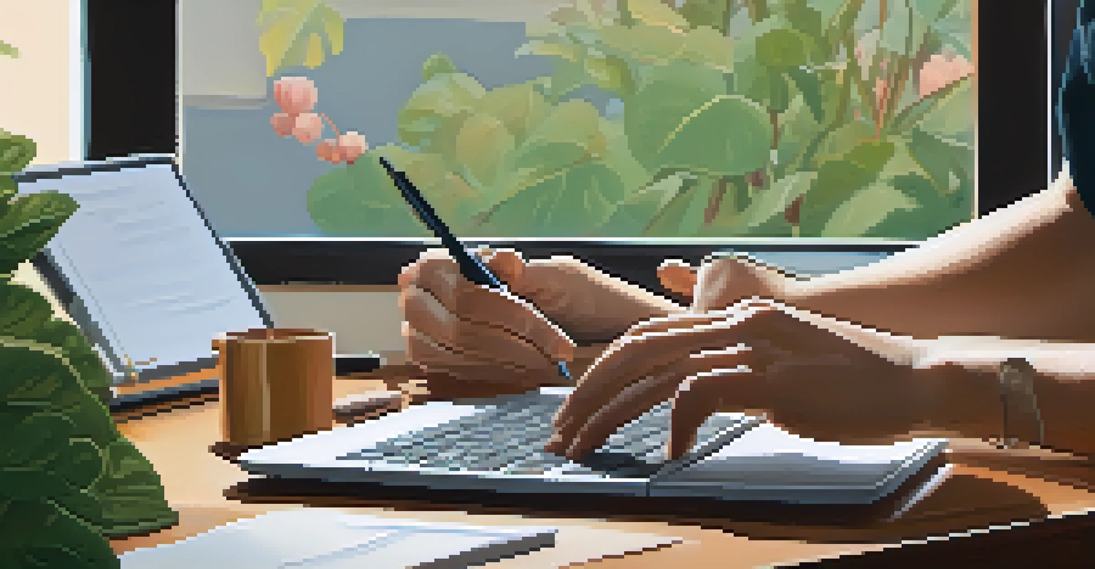 Close-up of hands typing on a laptop with a notepad, depicting a citizen engaging with their legislator from a cozy home office.