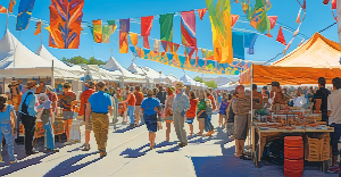 A lively outdoor arts festival with artists displaying colorful artworks and excited visitors exploring various stalls under a clear blue sky.