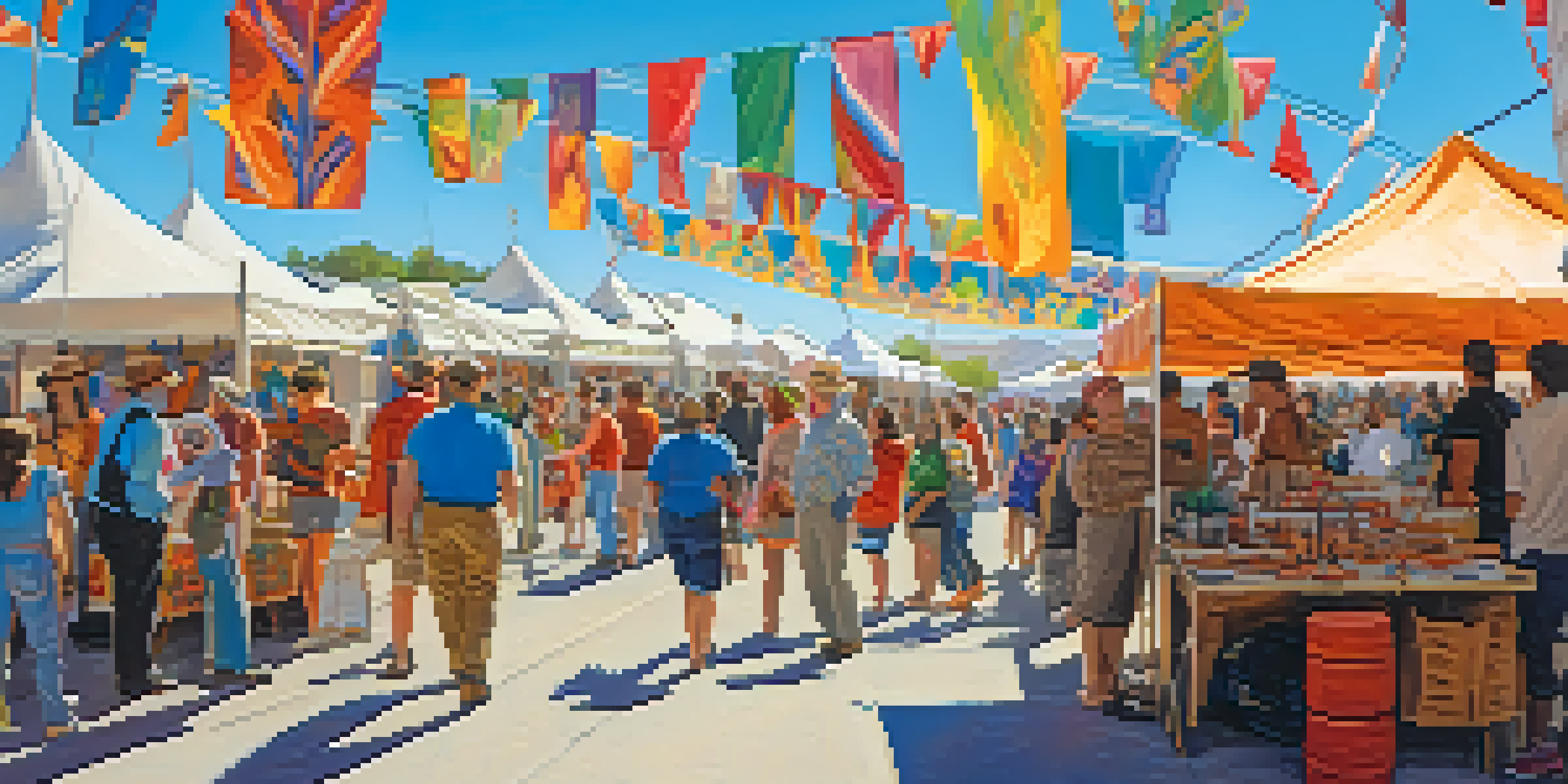 A lively outdoor arts festival with artists displaying colorful artworks and excited visitors exploring various stalls under a clear blue sky.