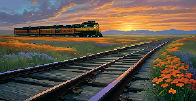 A sunset view of the Golden Spike National Historical Park with railroad tracks framed by blooming wildflowers and a silhouette of a train in the background.
