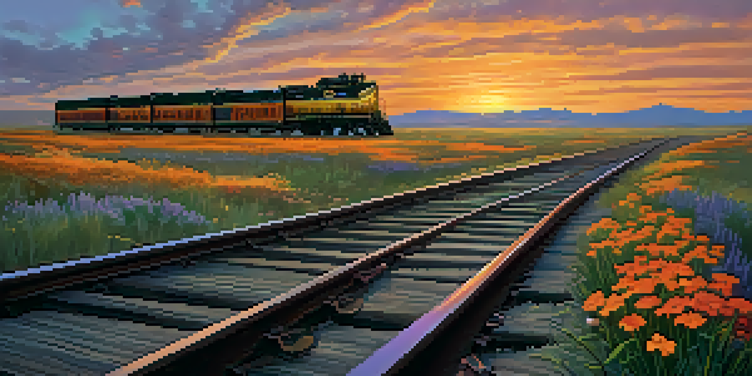 A sunset view of the Golden Spike National Historical Park with railroad tracks framed by blooming wildflowers and a silhouette of a train in the background.