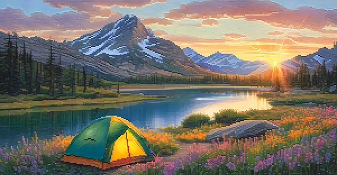 A picturesque campsite at sunrise with a colorful tent and a calm lake reflecting the morning light.