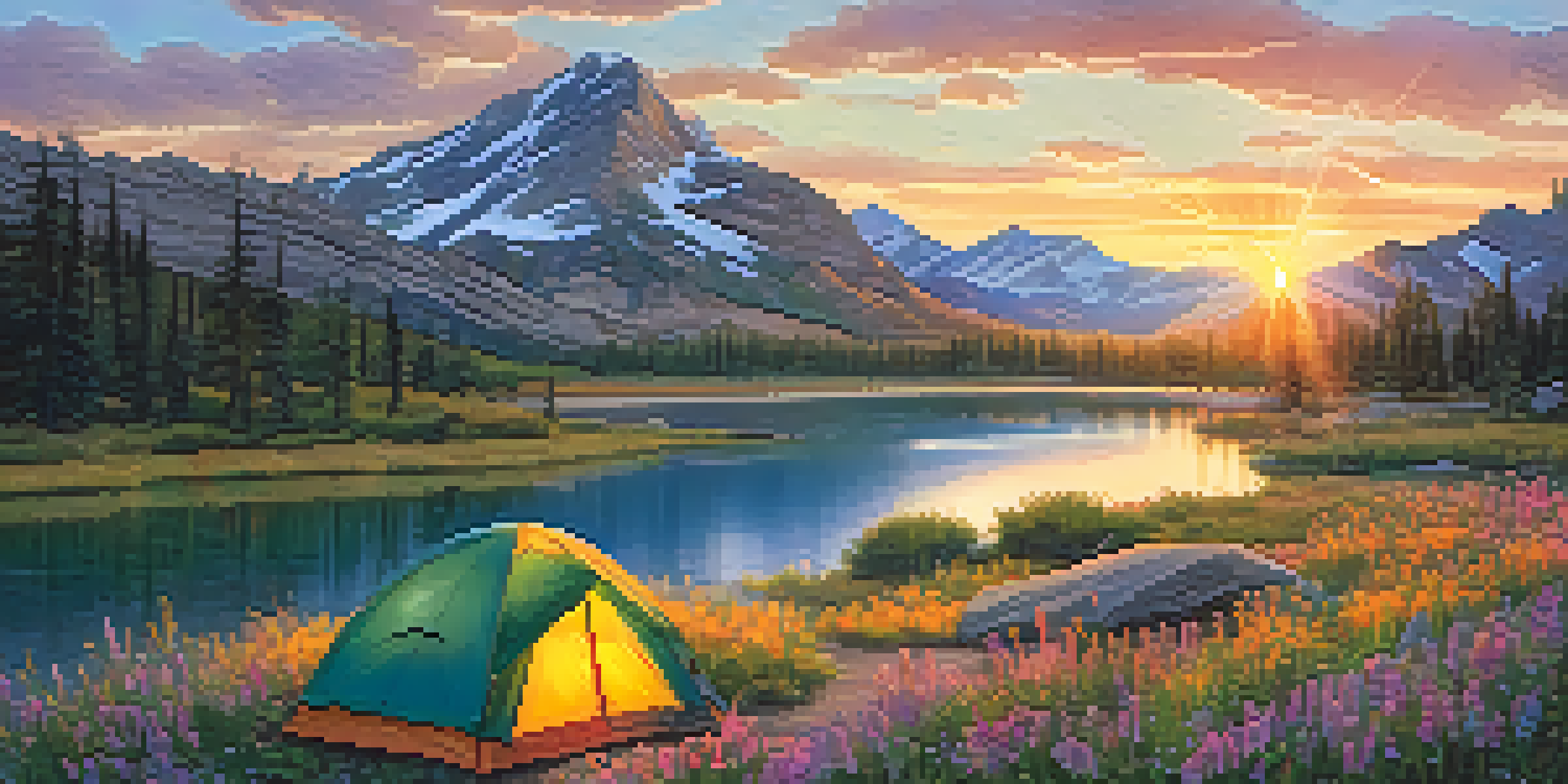 A picturesque campsite at sunrise with a colorful tent and a calm lake reflecting the morning light.