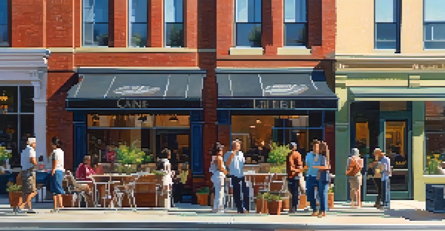 A lively street scene in Salt Lake City with people conversing outside a café.