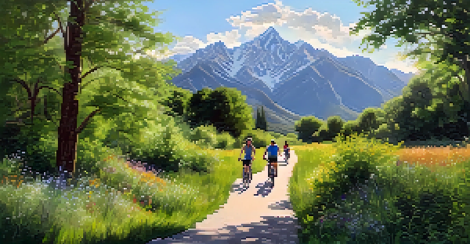 A family riding bikes on a wide trail beside a river, with mountains and green trees in the background under a sunny sky.