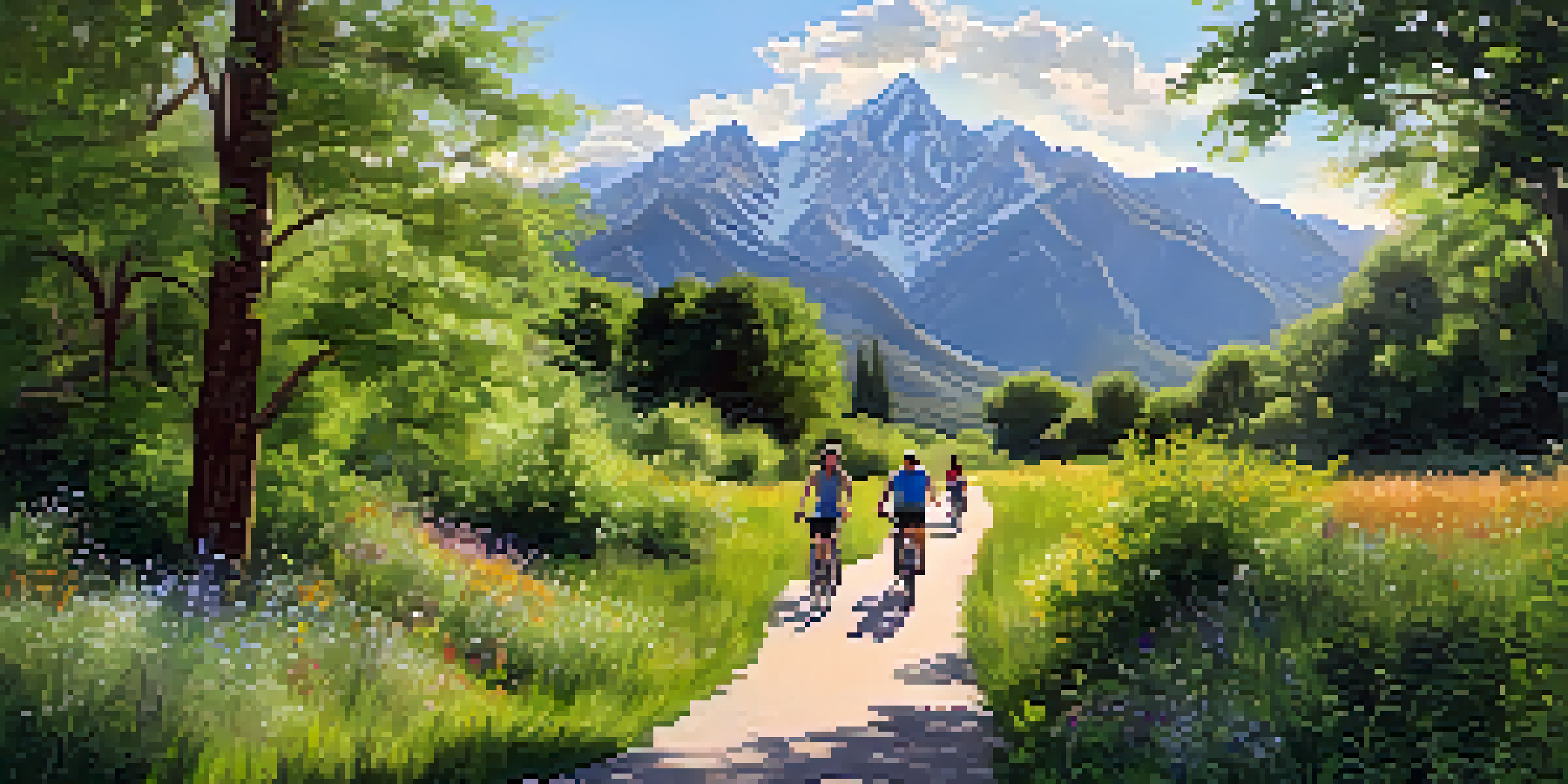 A family riding bikes on a wide trail beside a river, with mountains and green trees in the background under a sunny sky.