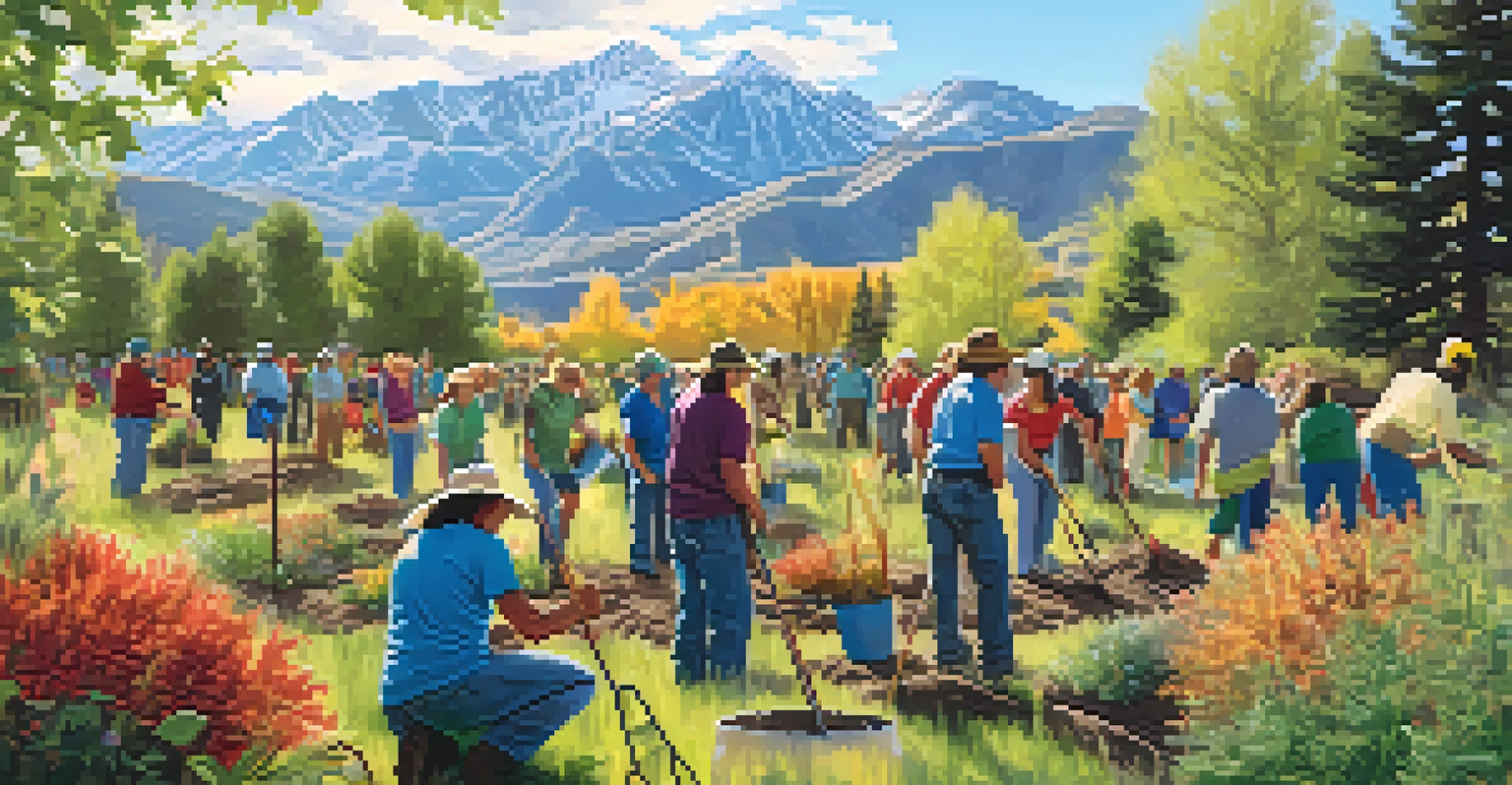 A group of volunteers planting trees in Utah's landscape, with mountains in the background and a sunny day enhancing the scene.