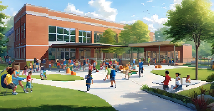 A modern charter school building with children playing outside and parents socializing in a green park-like setting.