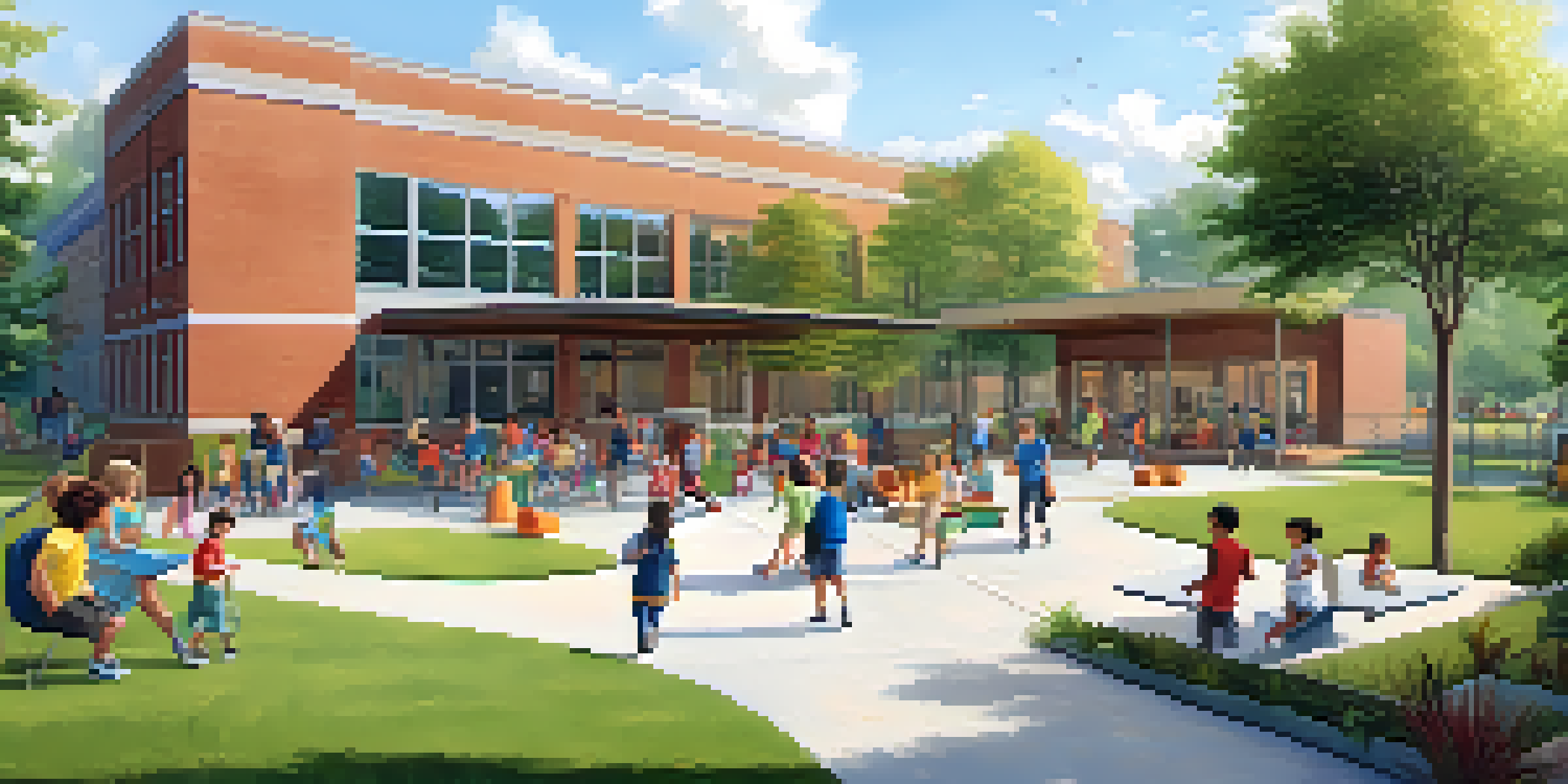 A modern charter school building with children playing outside and parents socializing in a green park-like setting.
