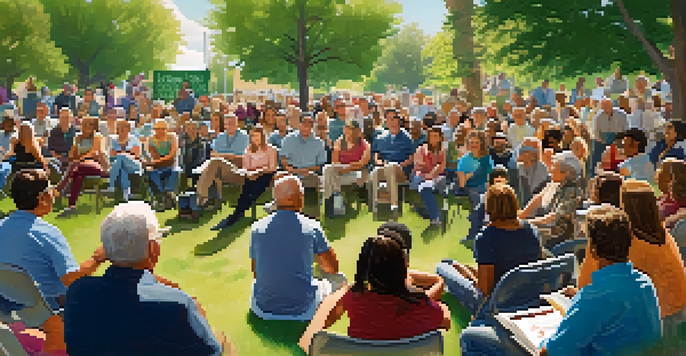 A lively town hall meeting in a park setting, with diverse groups of people engaged in discussion.