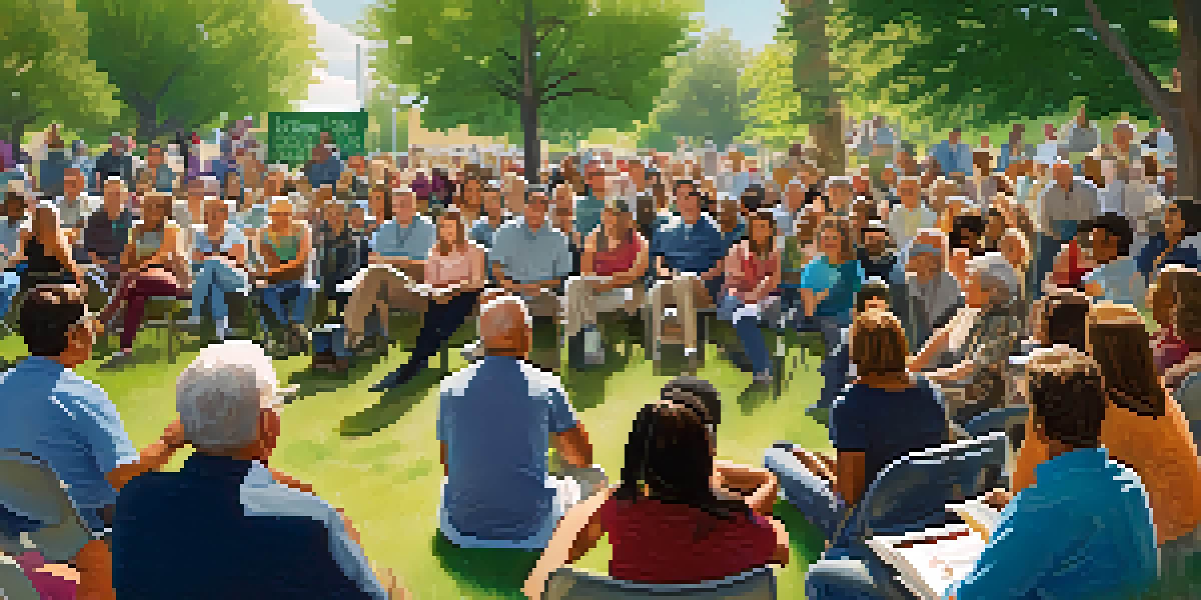 A lively town hall meeting in a park setting, with diverse groups of people engaged in discussion.