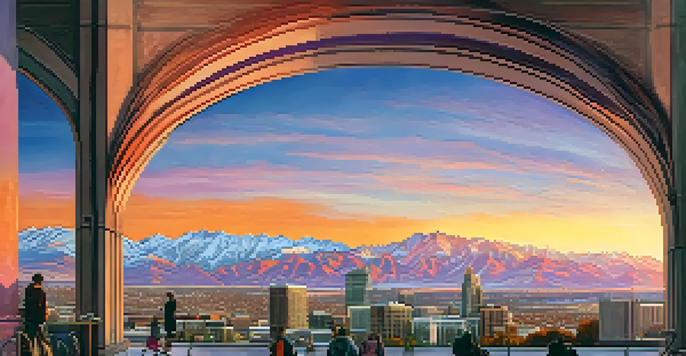 A sunset view of Salt Lake City with diverse people outdoors and mountains in the background.