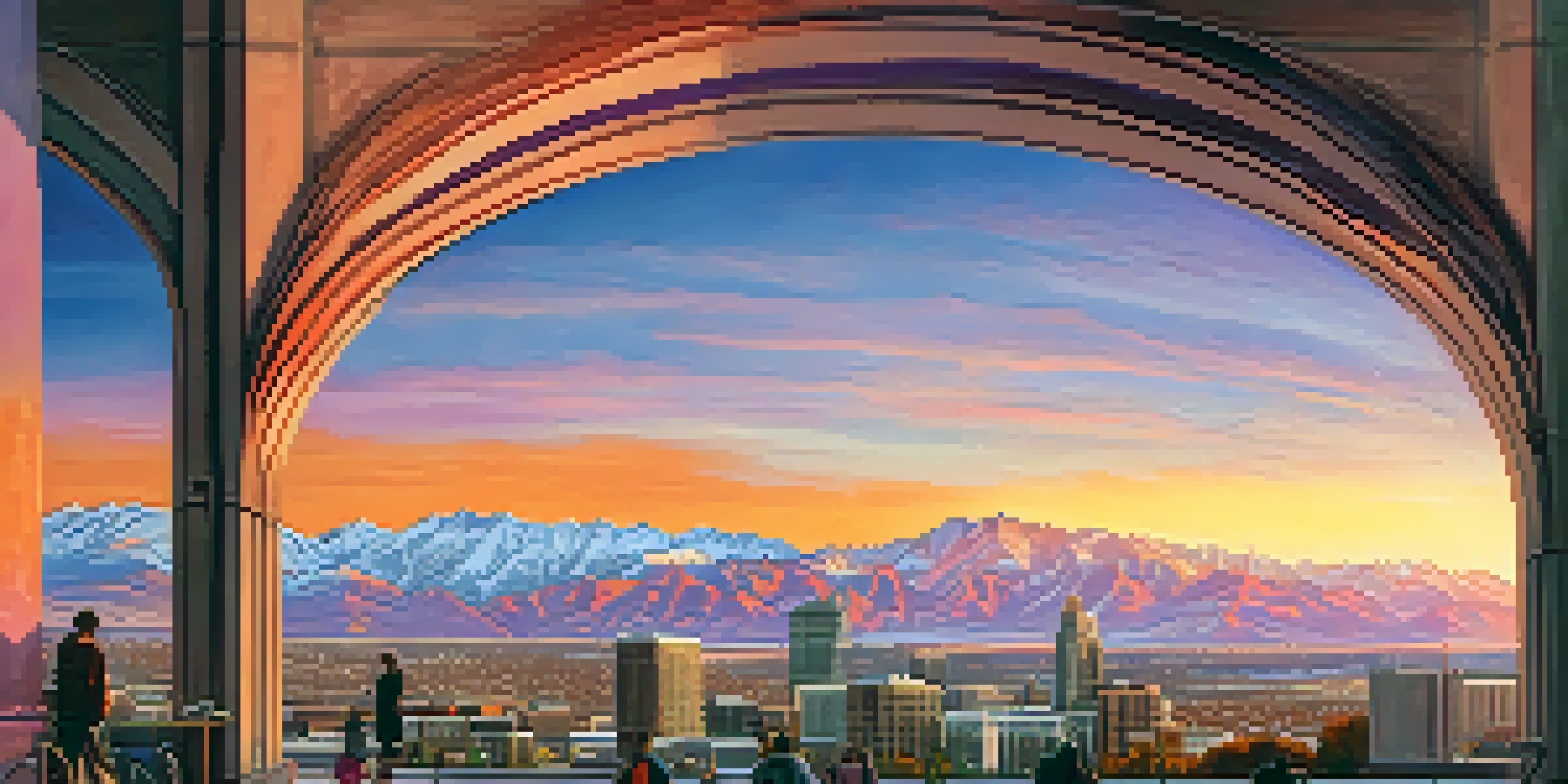 A sunset view of Salt Lake City with diverse people outdoors and mountains in the background.