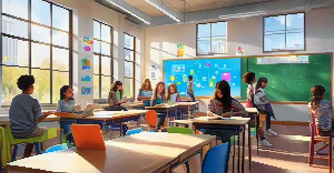A lively digital classroom with students using tablets and interacting with whiteboards, illuminated by sunlight.