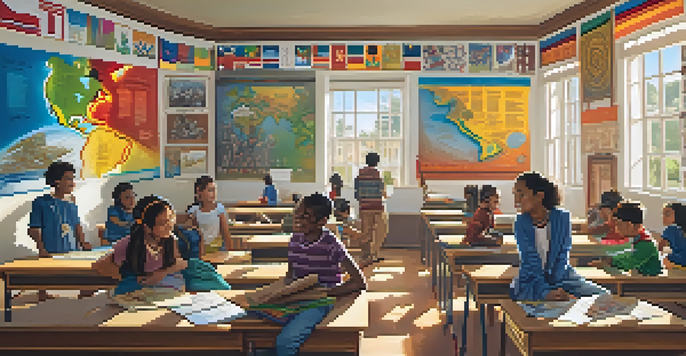 A diverse group of students collaborating on a cultural heritage project in a brightly lit classroom filled with colorful cultural posters.