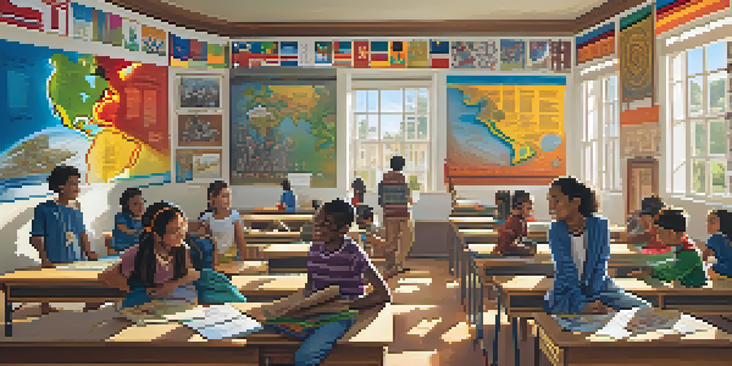 A diverse group of students collaborating on a cultural heritage project in a brightly lit classroom filled with colorful cultural posters.