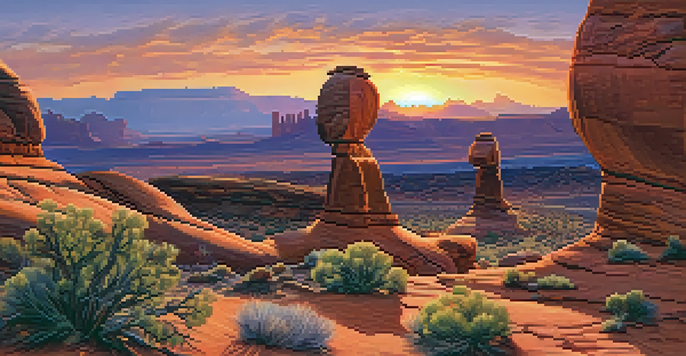 A sunset view of Delicate Arch in Arches National Park, with a colorful sky and red rock formations in the foreground.