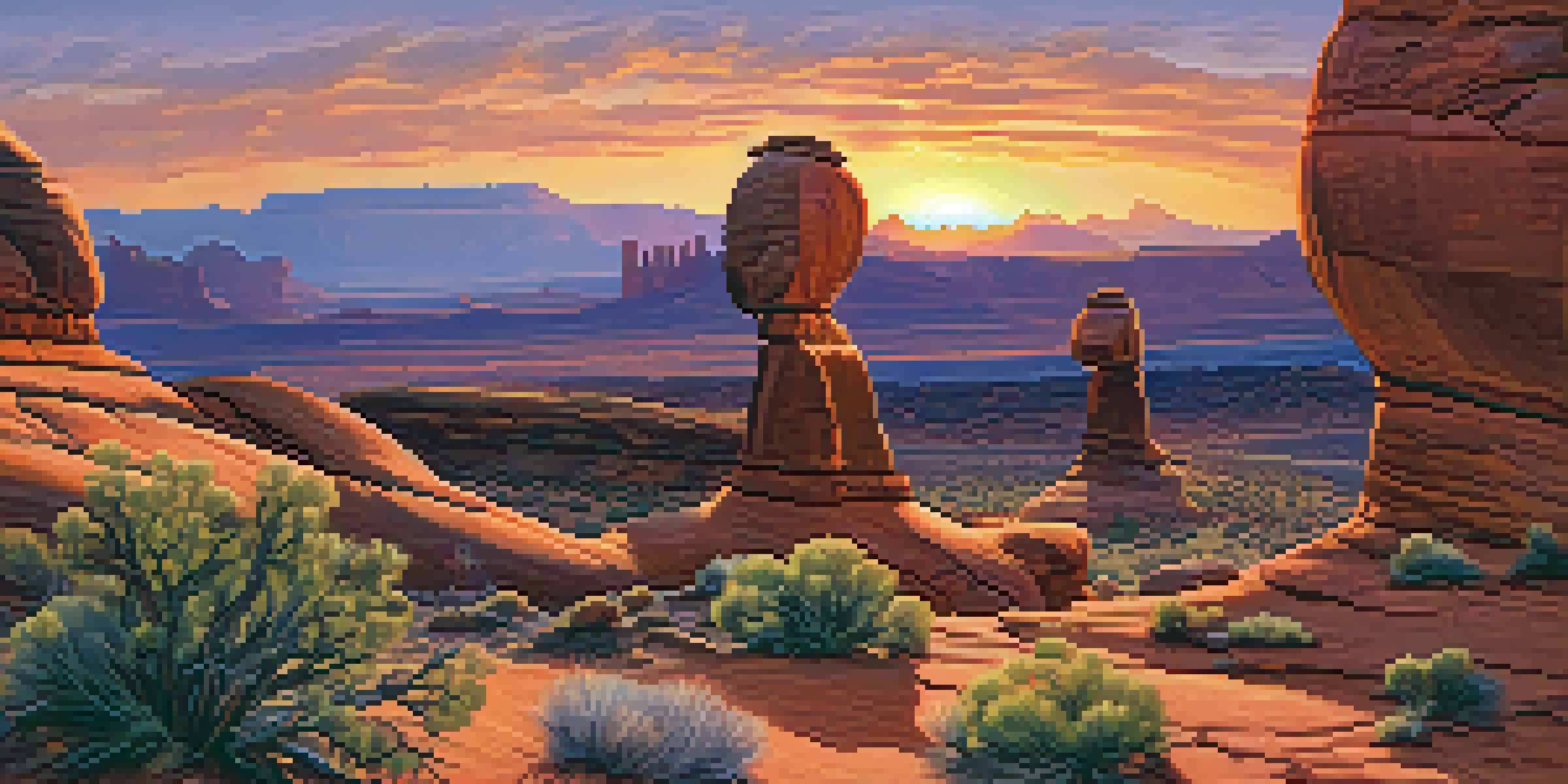 A sunset view of Delicate Arch in Arches National Park, with a colorful sky and red rock formations in the foreground.