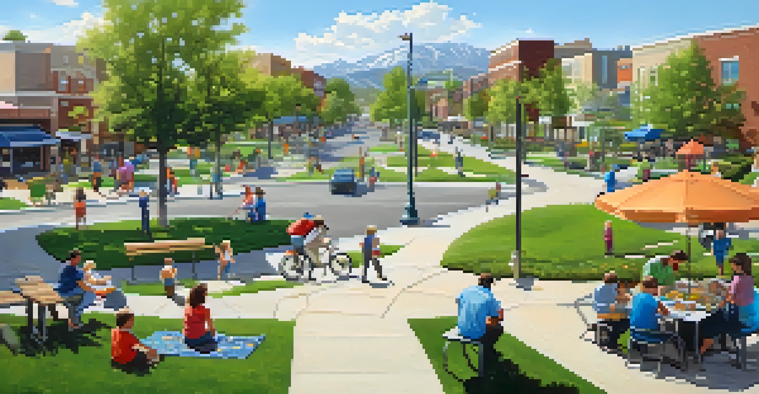 A picturesque Utah town with parks and modern infrastructure, featuring families enjoying a sunny day, children playing, and mountains in the background.