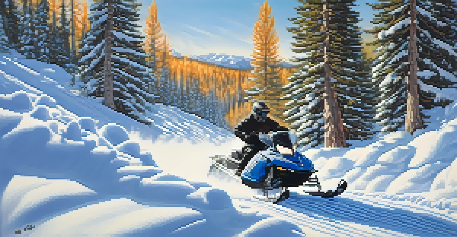A snowmobiler racing through a snowy landscape in the Wasatch Range, with snow being kicked up and clear blue skies above.