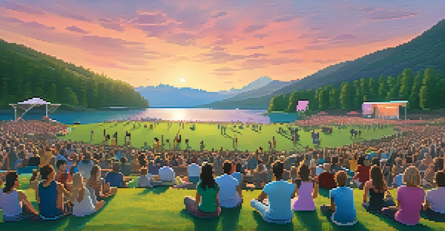 An outdoor music festival at sunset with attendees on a grassy hillside, a lake in the background, and mountains creating a serene atmosphere.