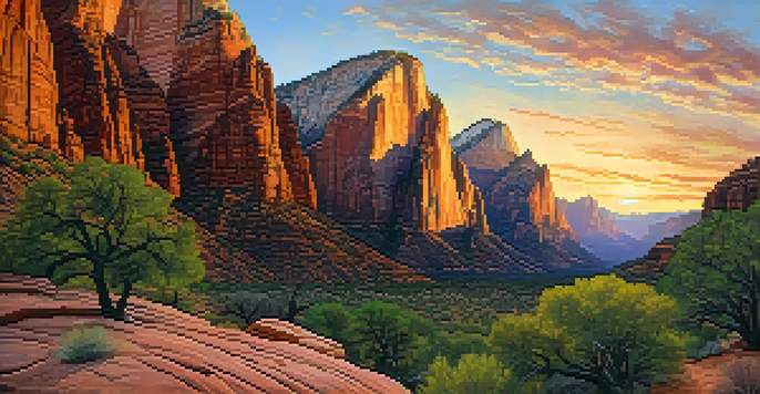 A climber on a sandstone wall in Zion National Park during sunset, with pink and orange skies and desert plants in the foreground.