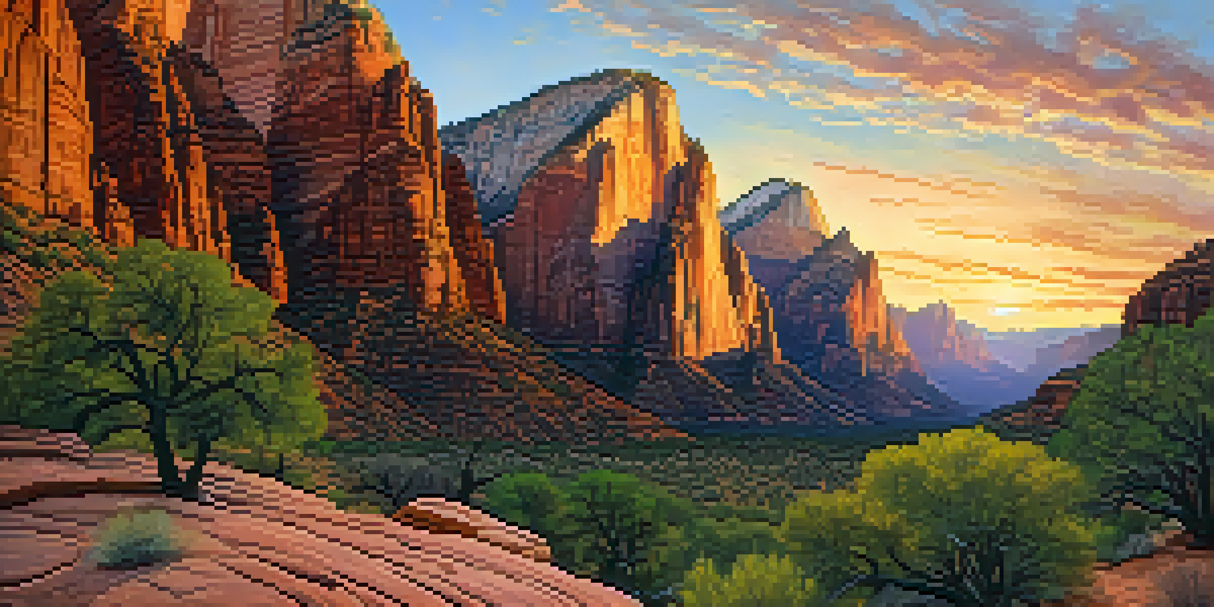 A climber on a sandstone wall in Zion National Park during sunset, with pink and orange skies and desert plants in the foreground.
