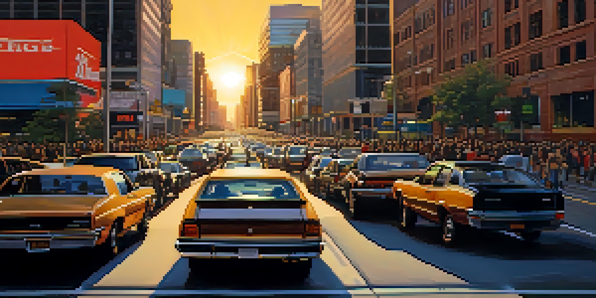 A busy highway in Utah filled with cars during rush hour, with buildings and pedestrians visible in the background.