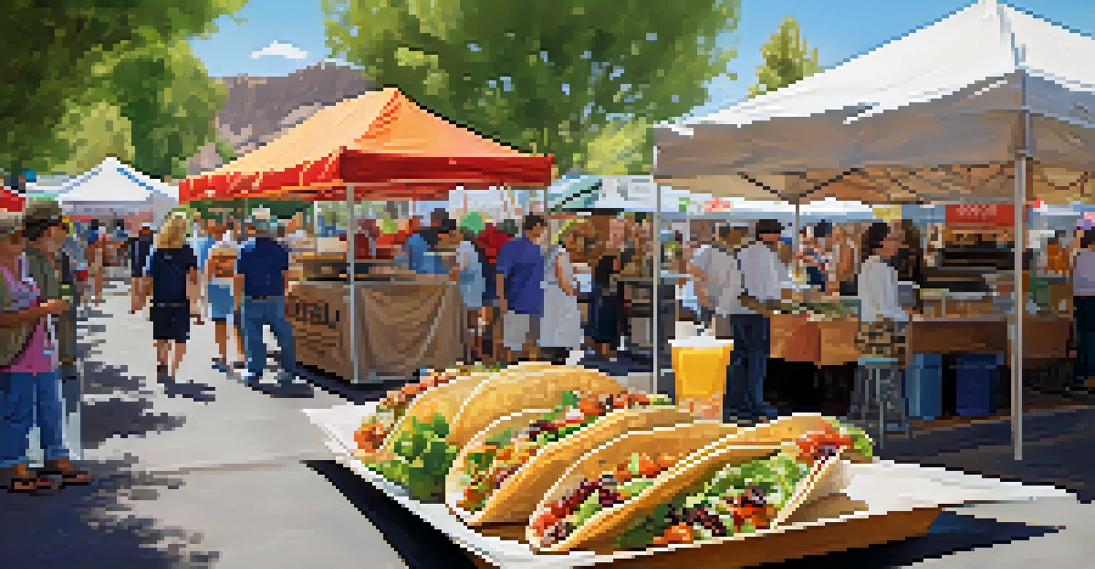 A colorful array of food stalls at the Utah Arts Festival, featuring a variety of delicious dishes and happy visitors enjoying their meals in a festive environment.