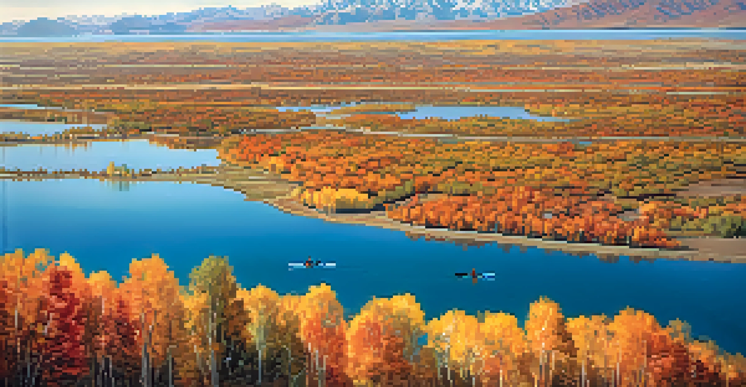 Aerial view of Utah Lake with autumn colors and kayakers enjoying the scenery.