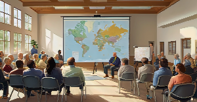 A community meeting in a bright town hall with diverse residents discussing local issues, a moderator presenting ideas on a whiteboard, and a map of the town on the wall.