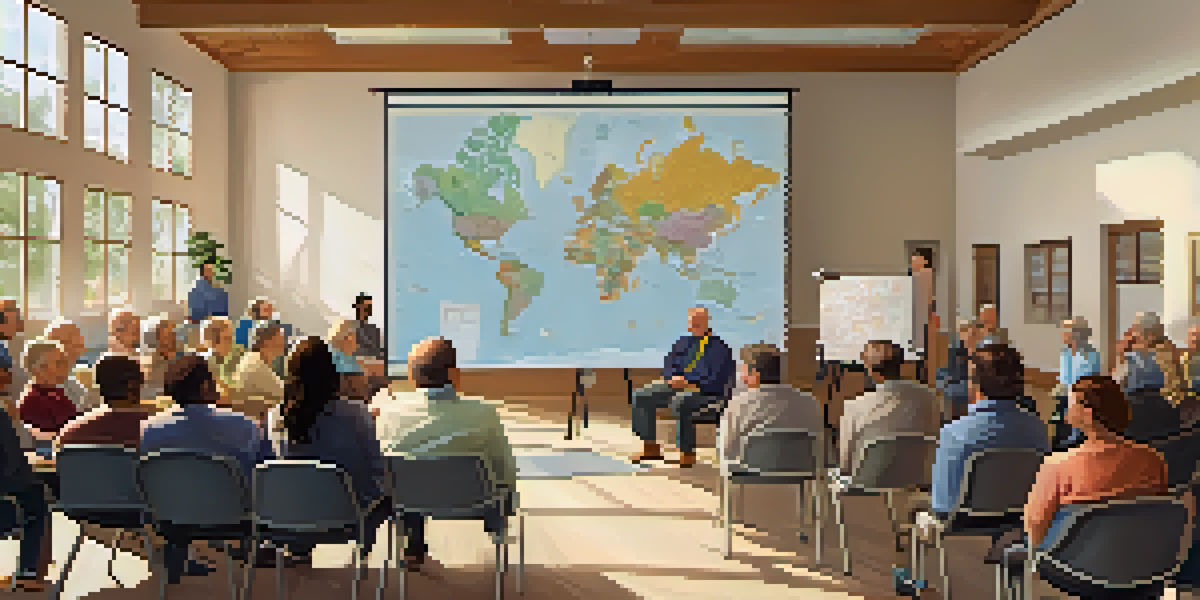 A community meeting in a bright town hall with diverse residents discussing local issues, a moderator presenting ideas on a whiteboard, and a map of the town on the wall.