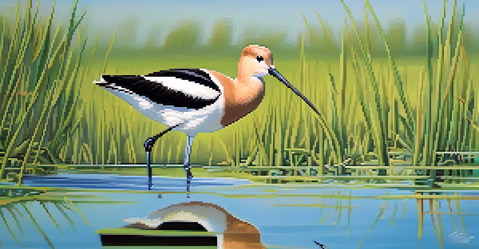 An American avocet wading in the water, surrounded by reeds and a clear blue sky at Bear River Refuge.