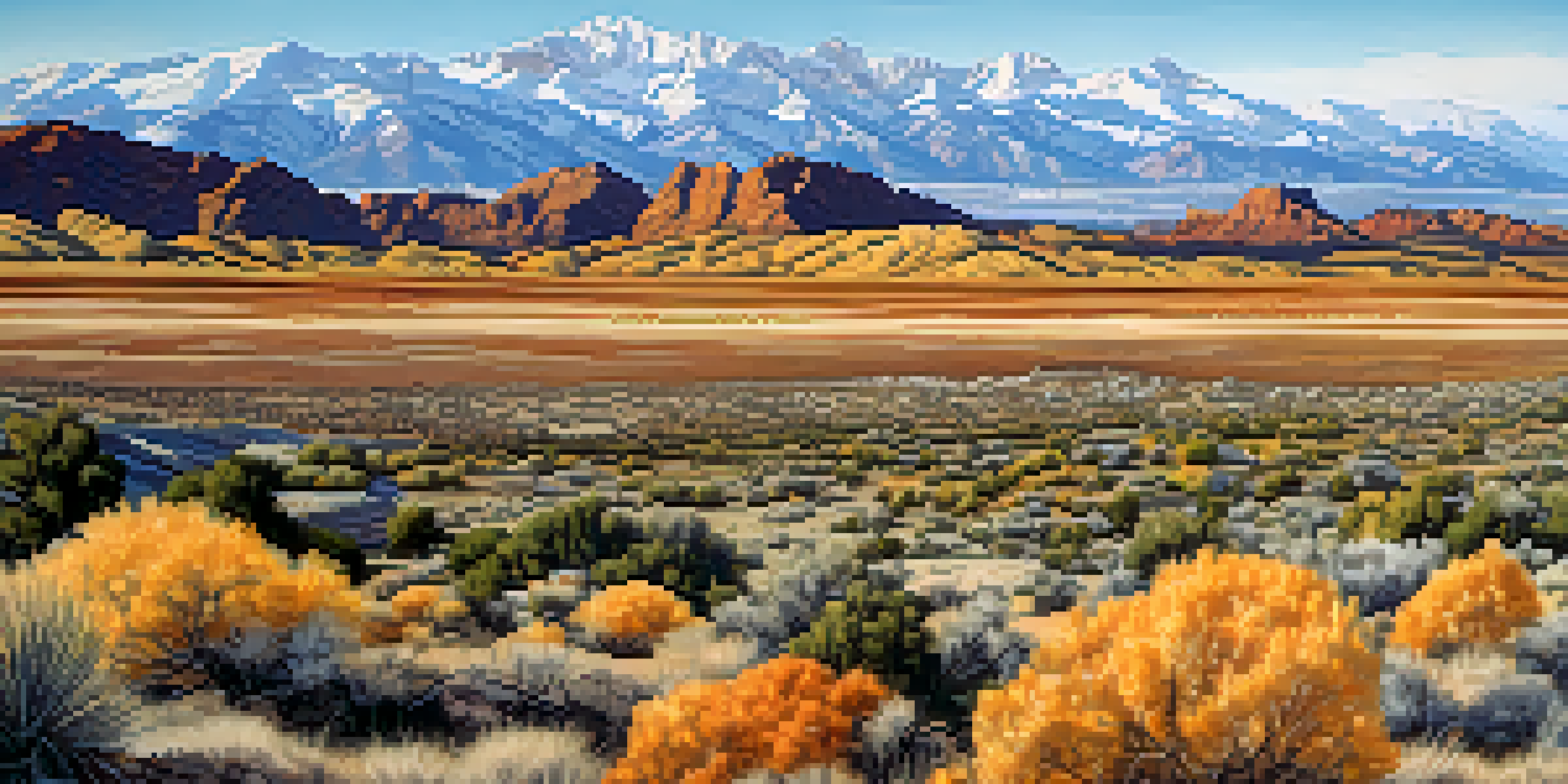 A wide landscape view of Utah showing desert plants in the foreground and snowy mountains in the background under a clear sky.